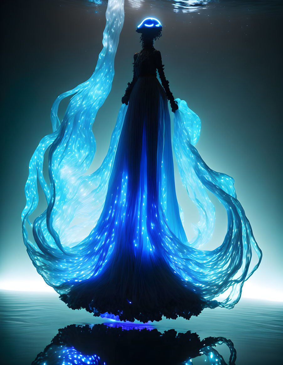 Luminescent figure in elegant gown with ethereal light strands in serene, dark setting