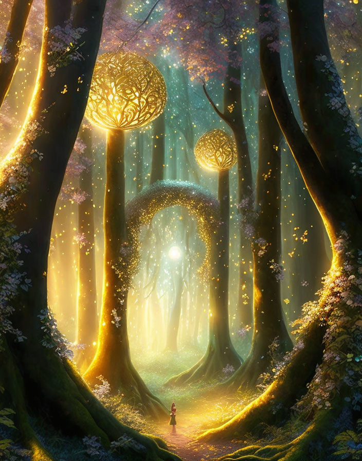 Enchanted forest with glowing trees and magical light