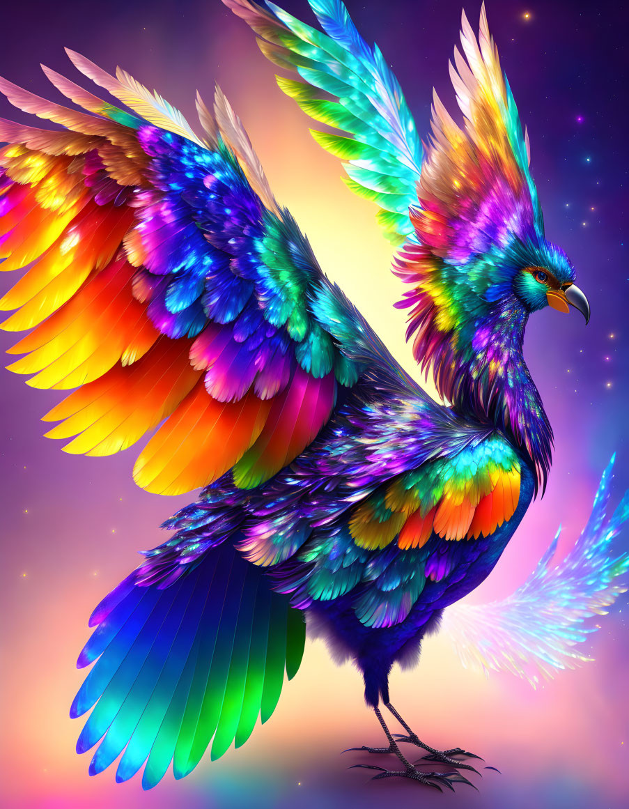 Multicolored Phoenix with Spread Wings in Cosmic Background