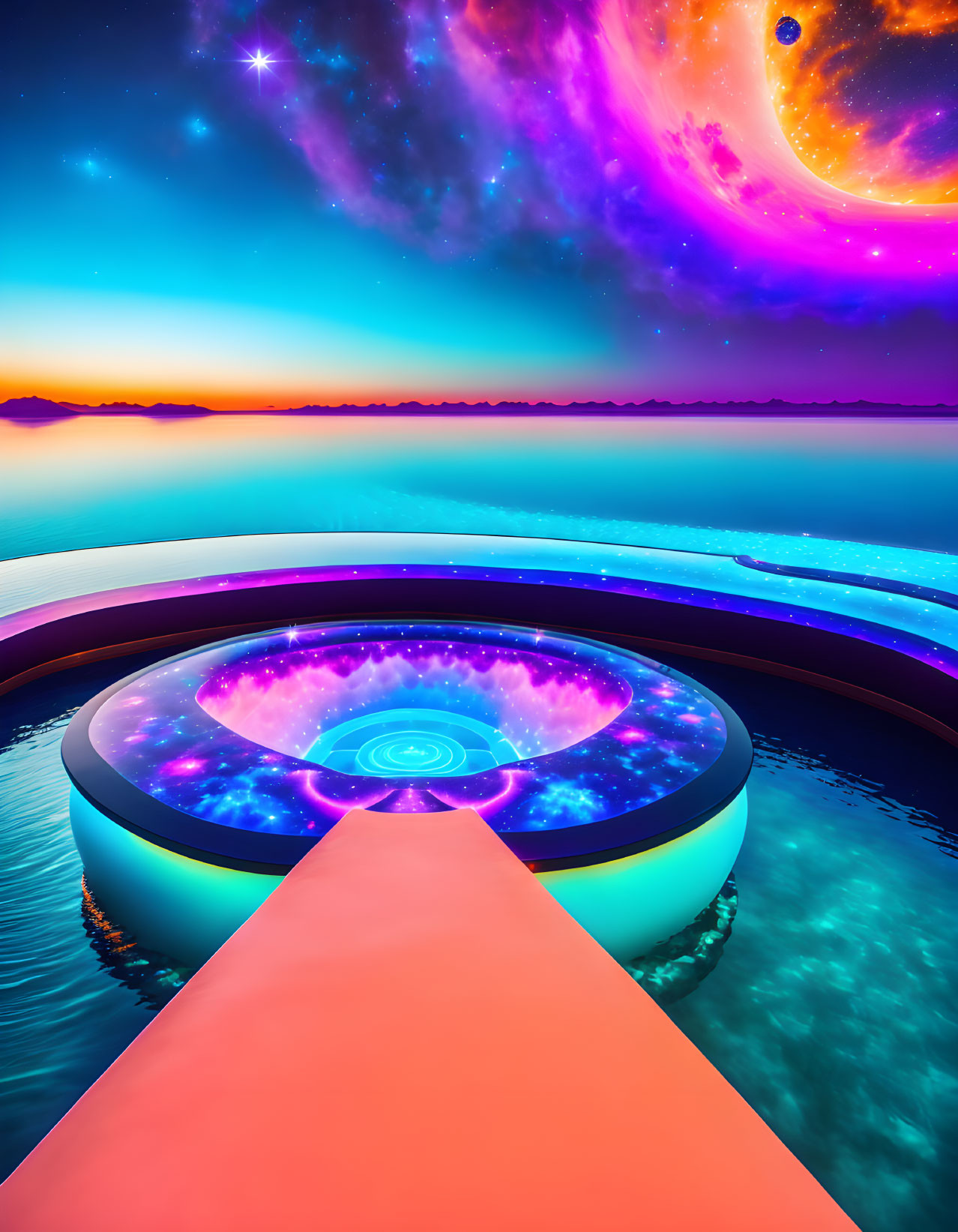 Futuristic circular platform over water under cosmic sky