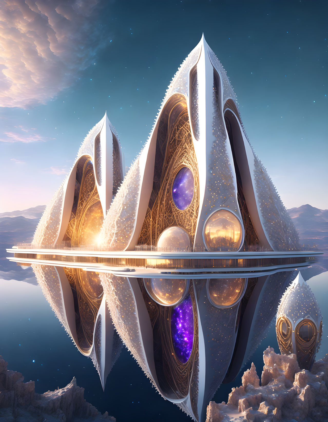 Futuristic floating structure with petal-like elements in gold and purple against twilight sky.