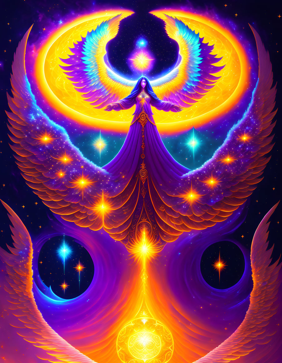 Colorful cosmic artwork of robed figure with wings in starry space.