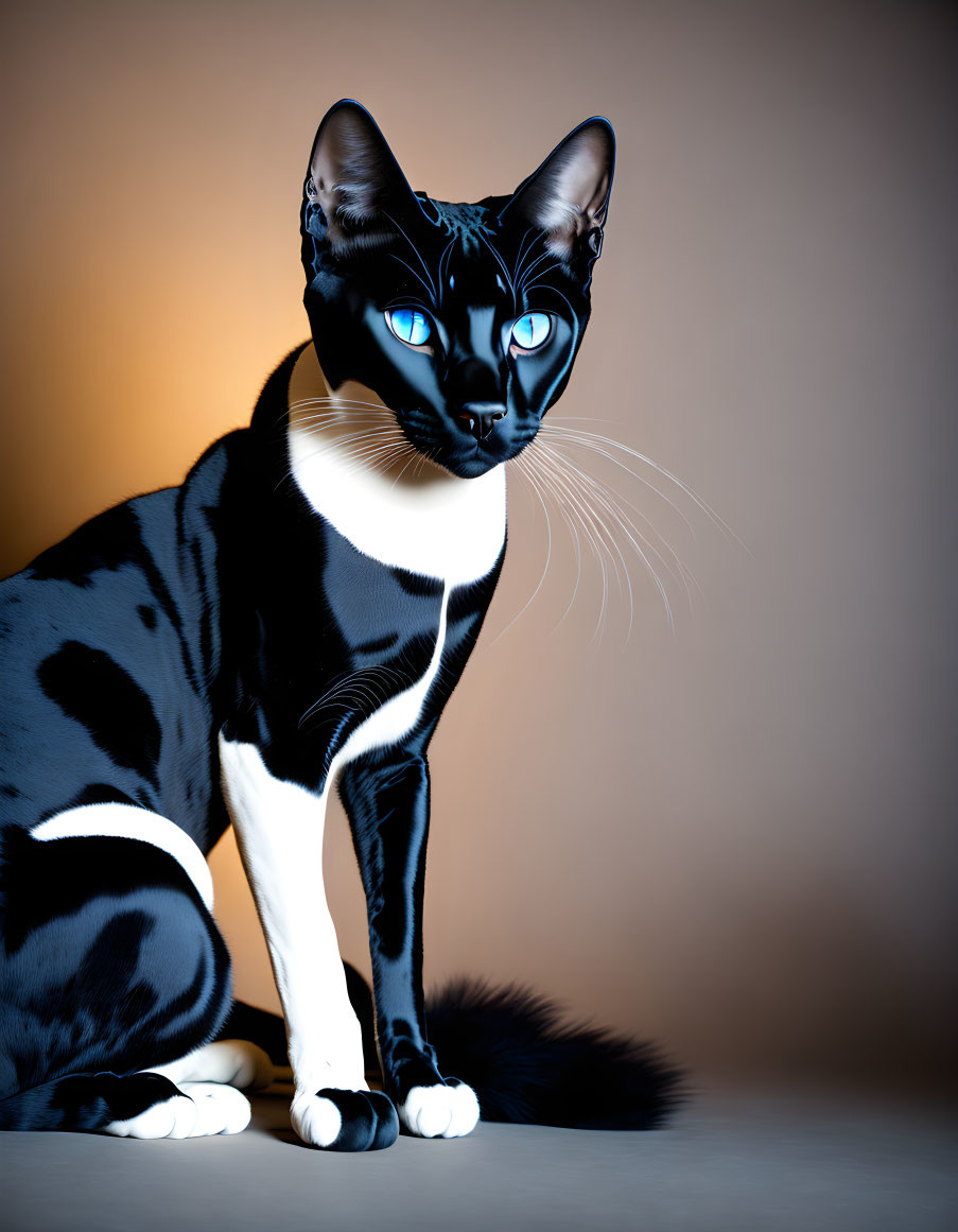 Stylized black and white cat with blue eyes on orange background