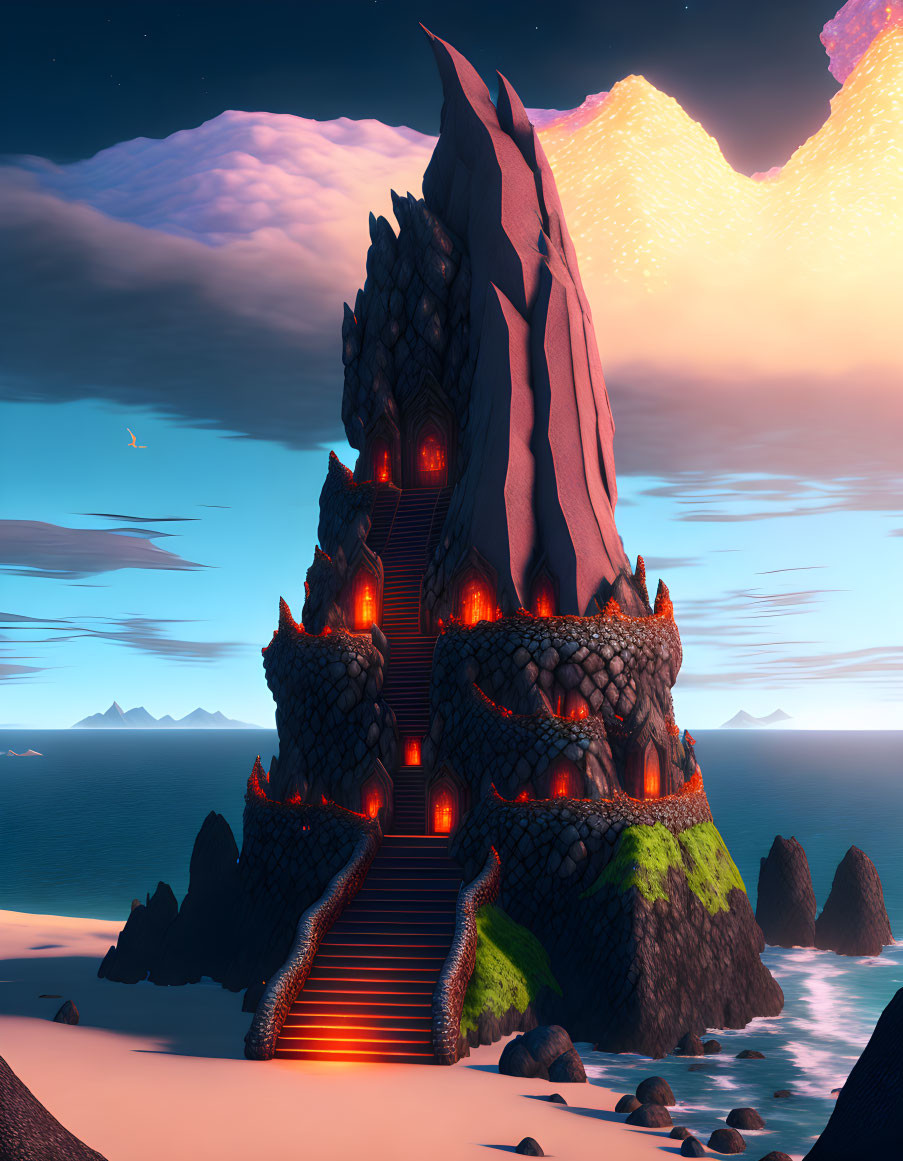 Majestic fantasy landscape with glowing rock structure and staircase by calm sea