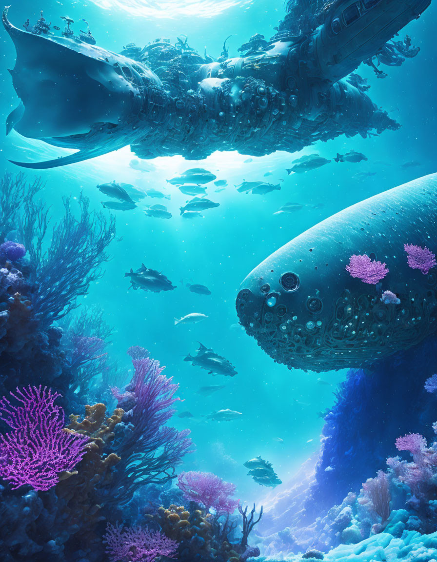 Colorful Underwater Scene: Whale-like Creatures, Shipwrecks, Coral, Fish