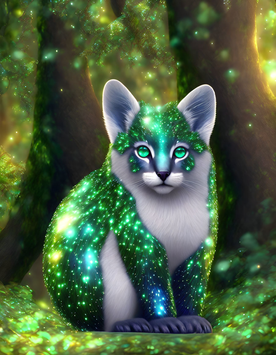 Sparkling green mystical fox in magical forest with vibrant blue eyes