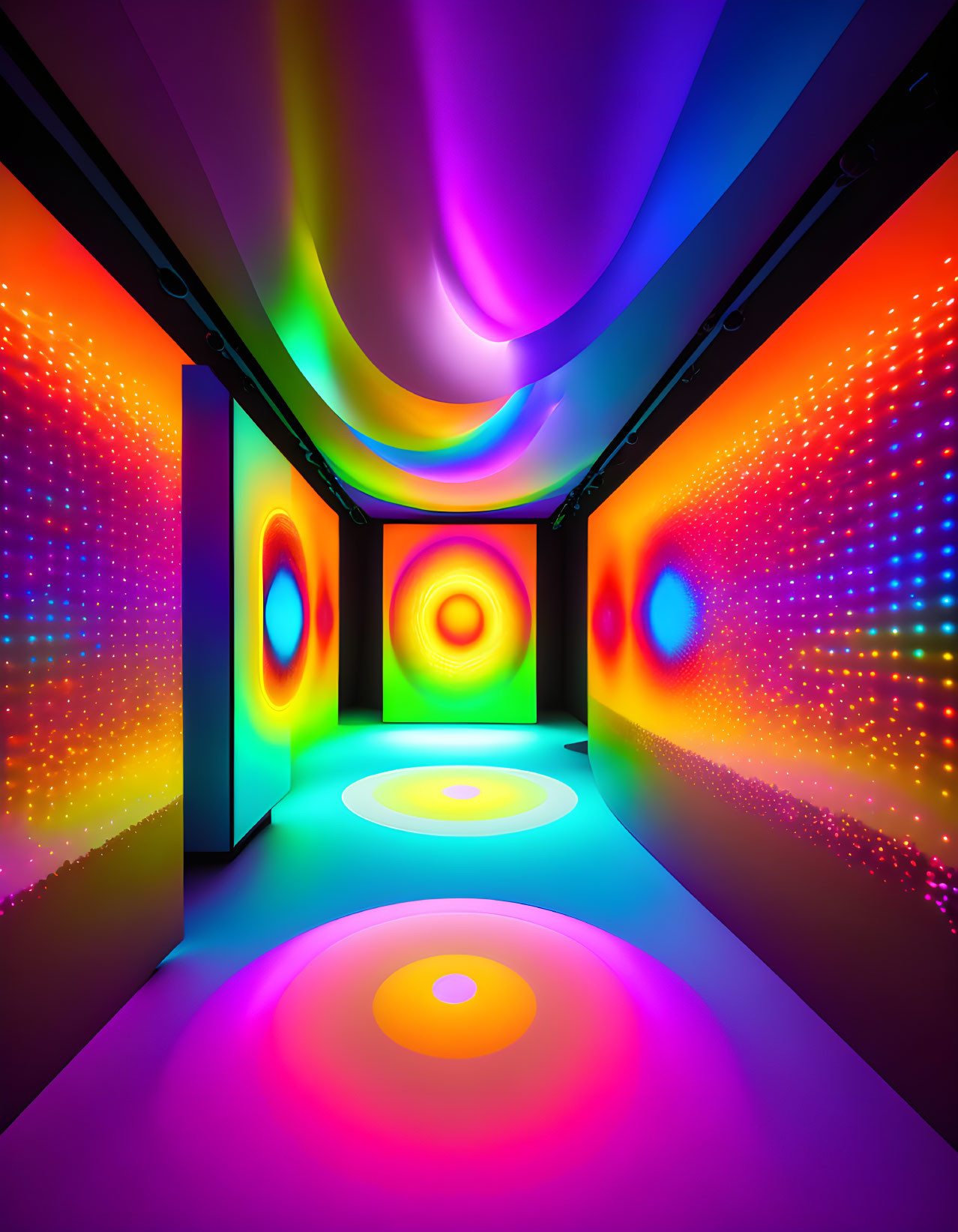 Colorful Psychedelic Hallway with Illuminated Walls and Floor