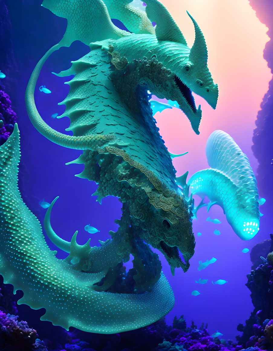 Bioluminescent sea dragon in vibrant coral scene