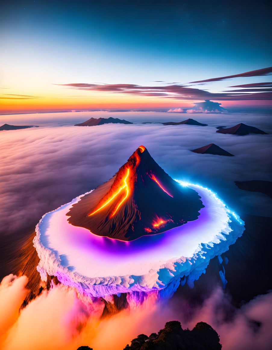 Volcanic eruption on mountain with lava flow at sunrise.