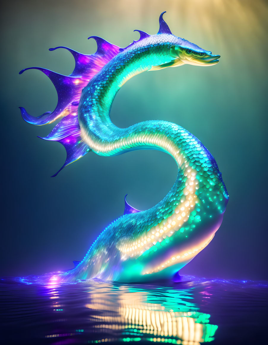 Luminous sea serpent with glowing scales and elaborate fins against moody backdrop