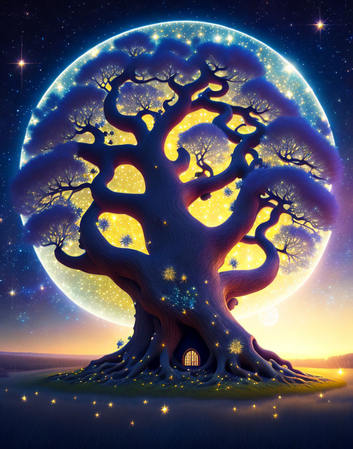 Illustration of ancient tree with door under starry night sky