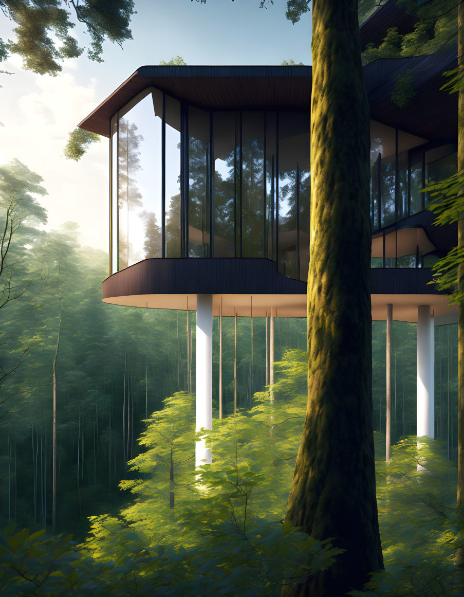 Modern Treehouse with Large Windows in Lush Green Forest