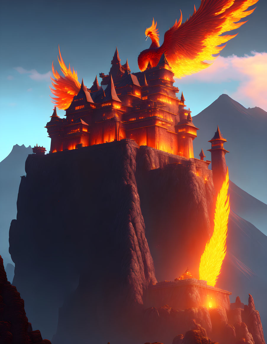 Majestic phoenix on fiery castle at sunset