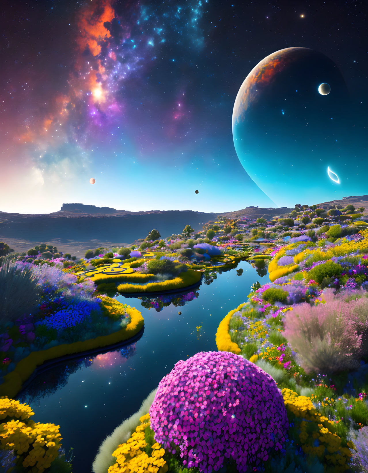 Exotic alien landscape with vibrant flora, moons, and river.