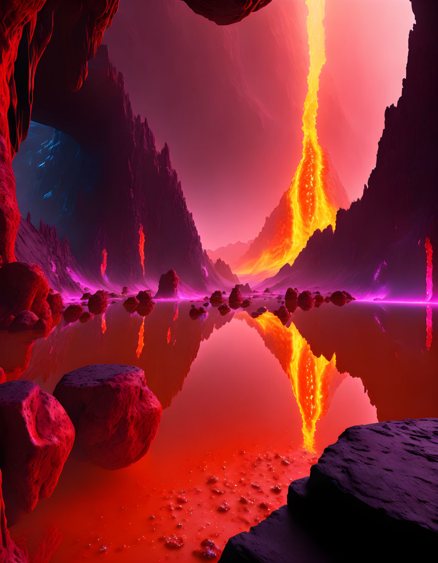 Surreal volcanic landscape with fiery lava eruption & neon pink highlights