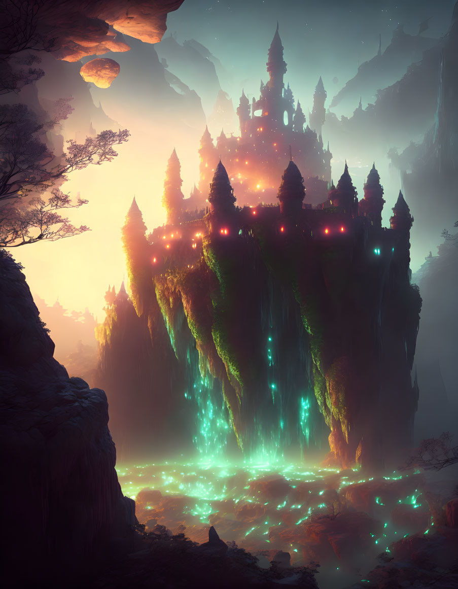 Fantastical landscape with floating castle, glowing green forest, waterfalls, and twilight sky