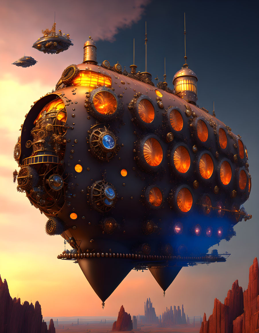 Steampunk airship with spherical design and glowing blue windows in dusky sky.