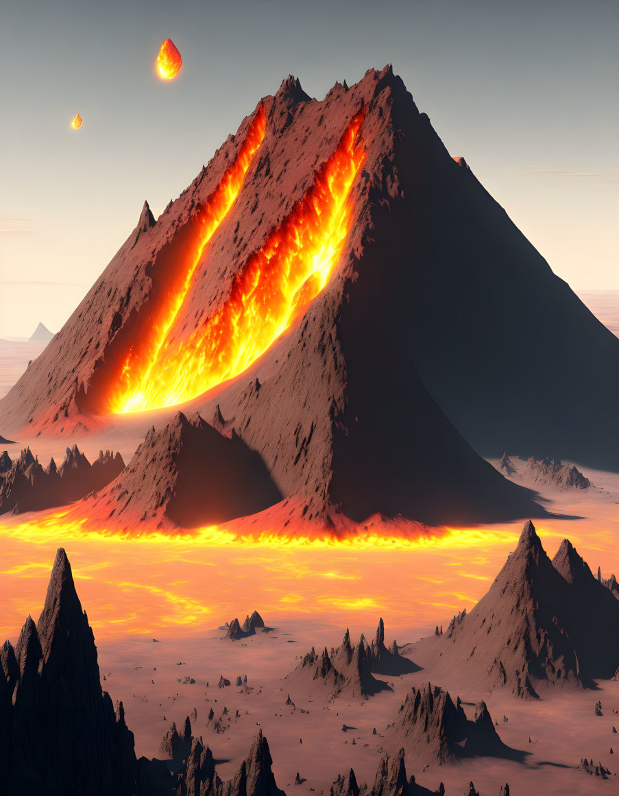 Volcanic landscape with fiery eruption, lava flows, and meteorites under dusk sky