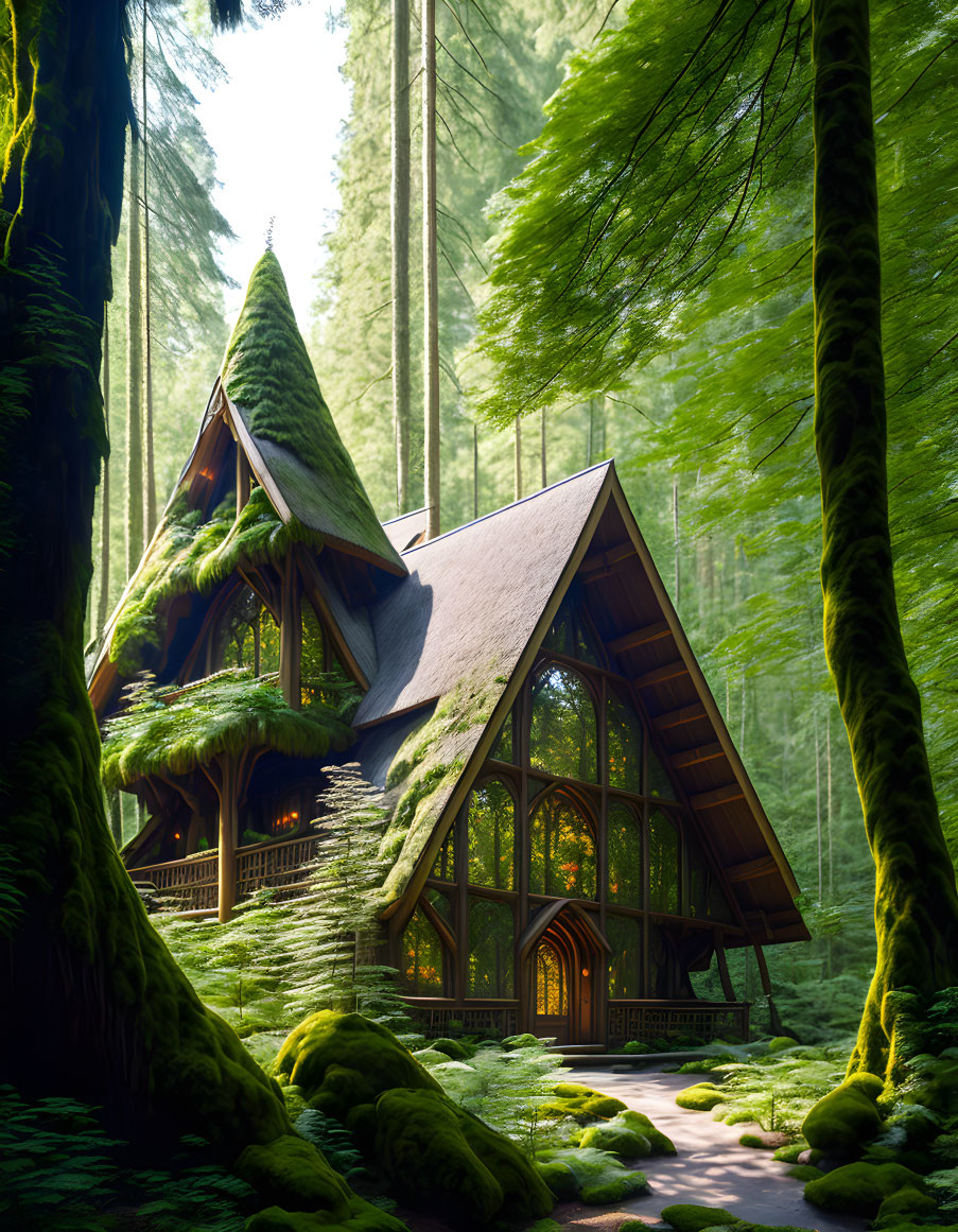 Moss-Covered A-Frame House in Lush Green Forest