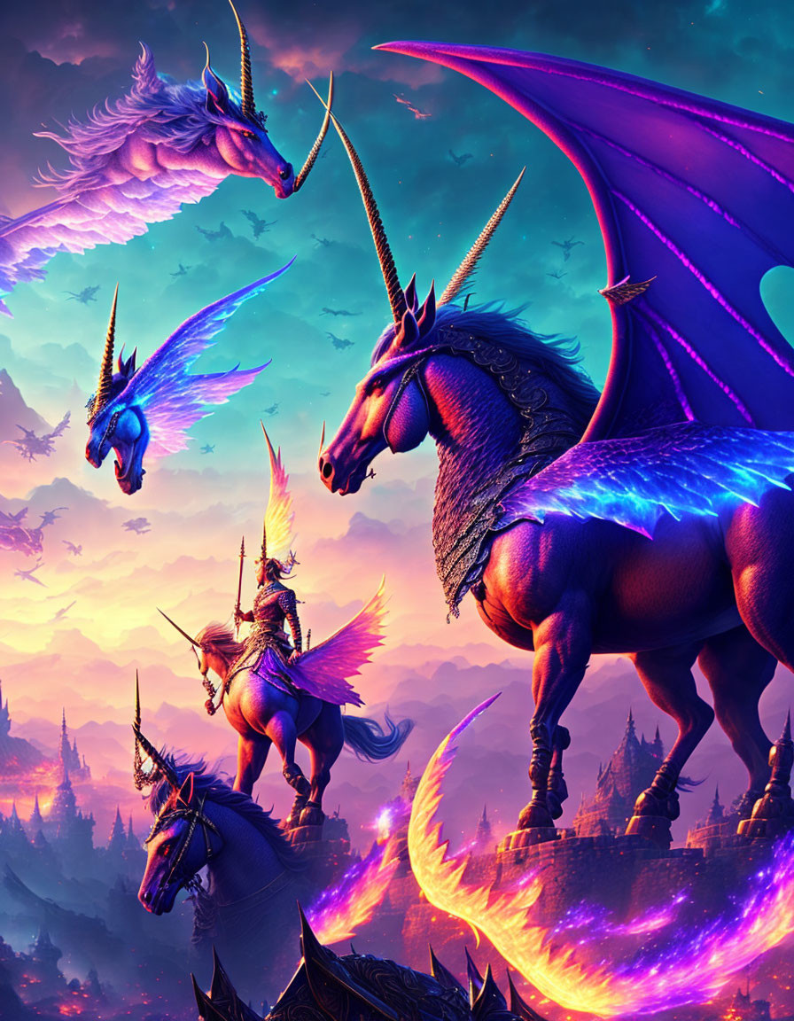 Fantasy scene: winged unicorns, dragon in twilight sky