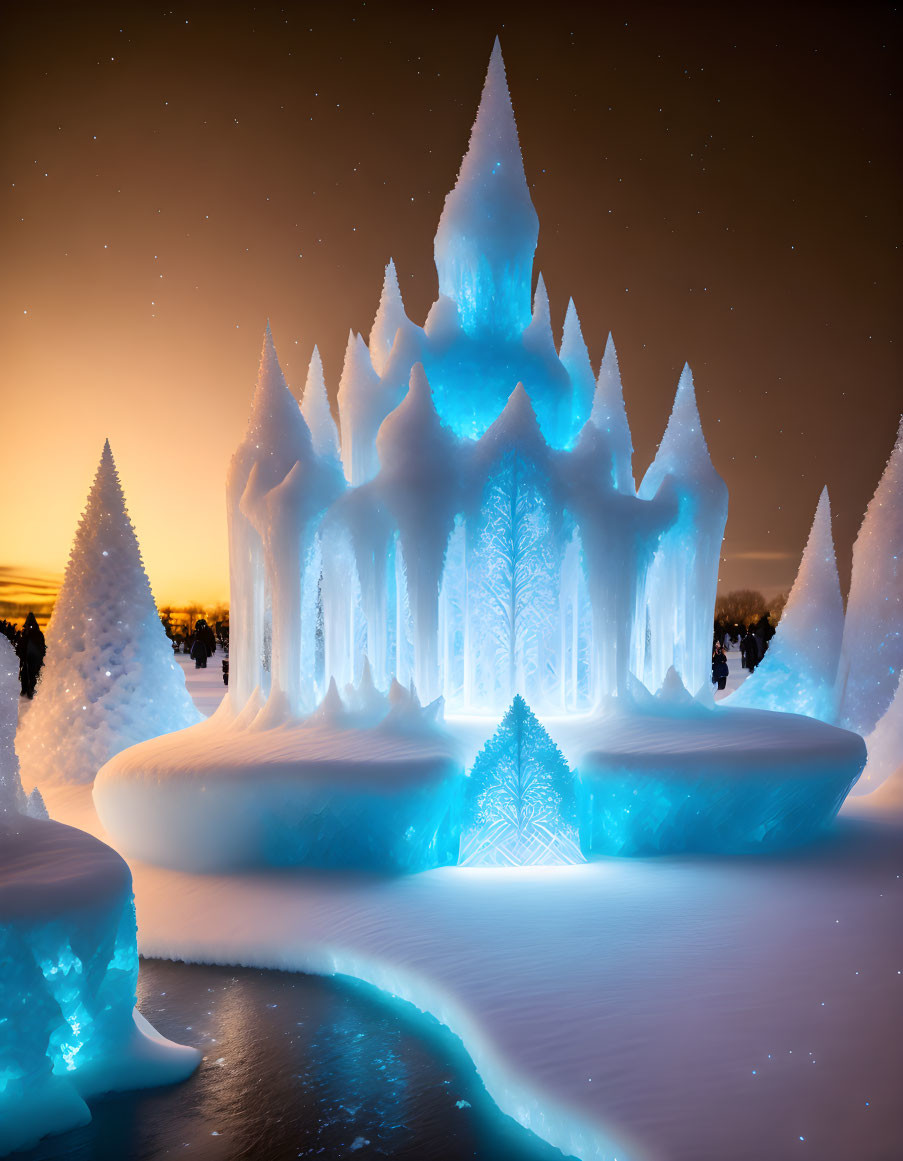 Glowing Ice Castle with Pointed Towers in Snowy Night