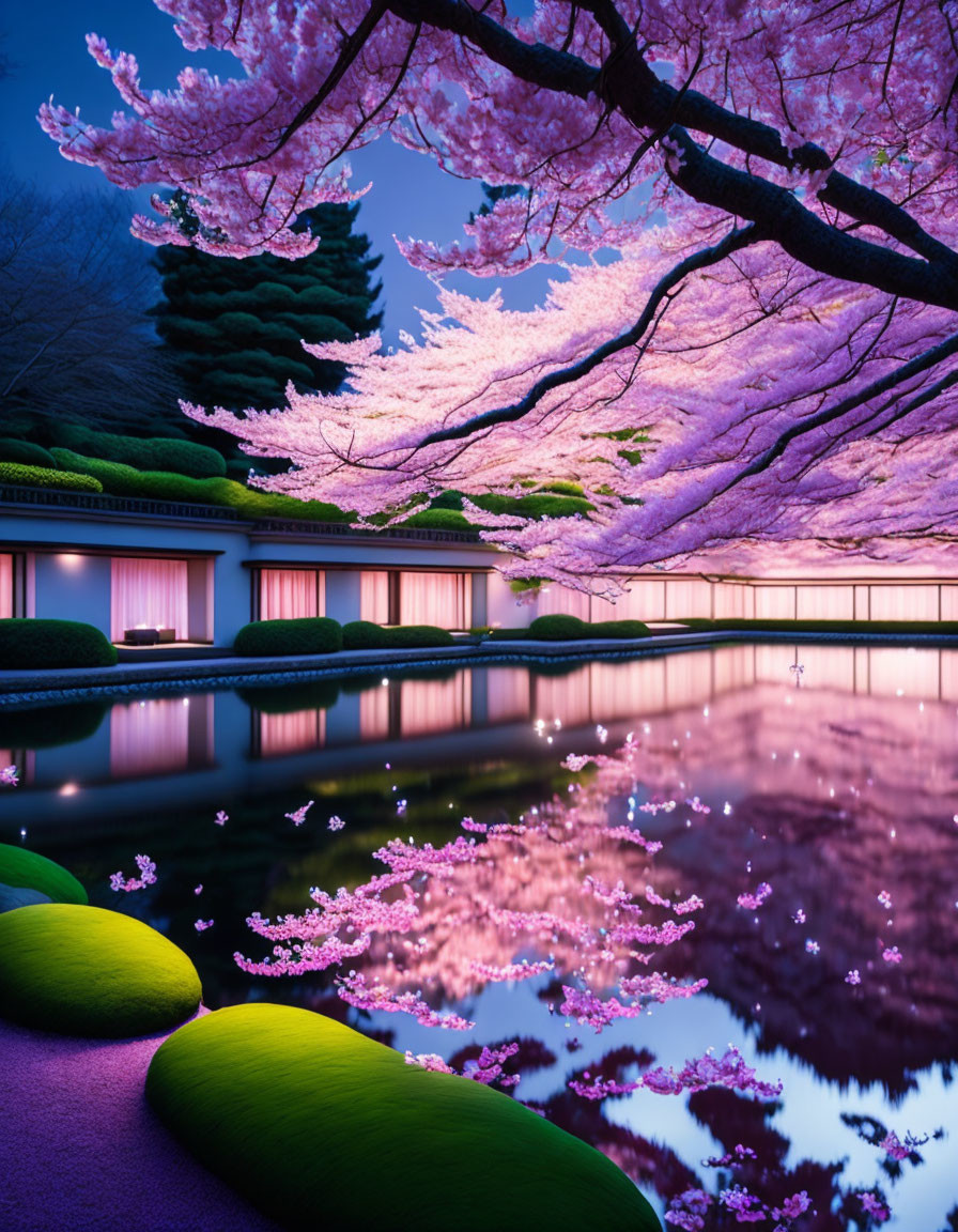 Cherry blossom trees by a pond at dusk with traditional building and scattered petals