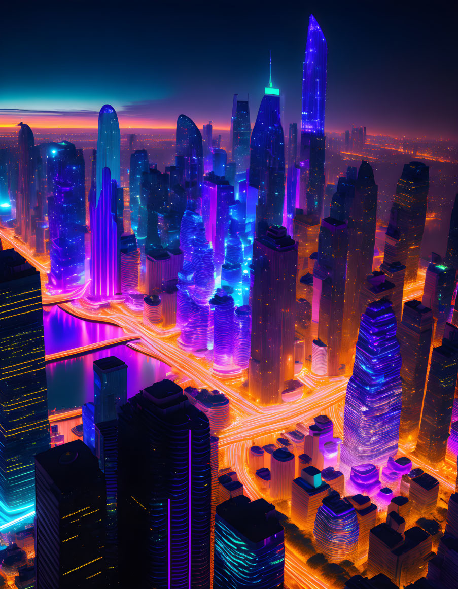 Futuristic neon-lit cityscape with glowing high-rises at night