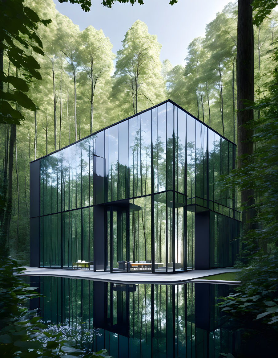 Glass House Reflects Lush Green Forest