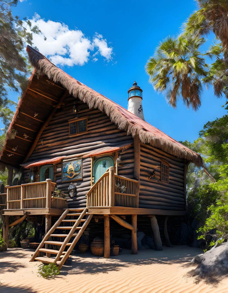 Thatched Roof Wooden House with Lighthouse Feature and Nautical Decor