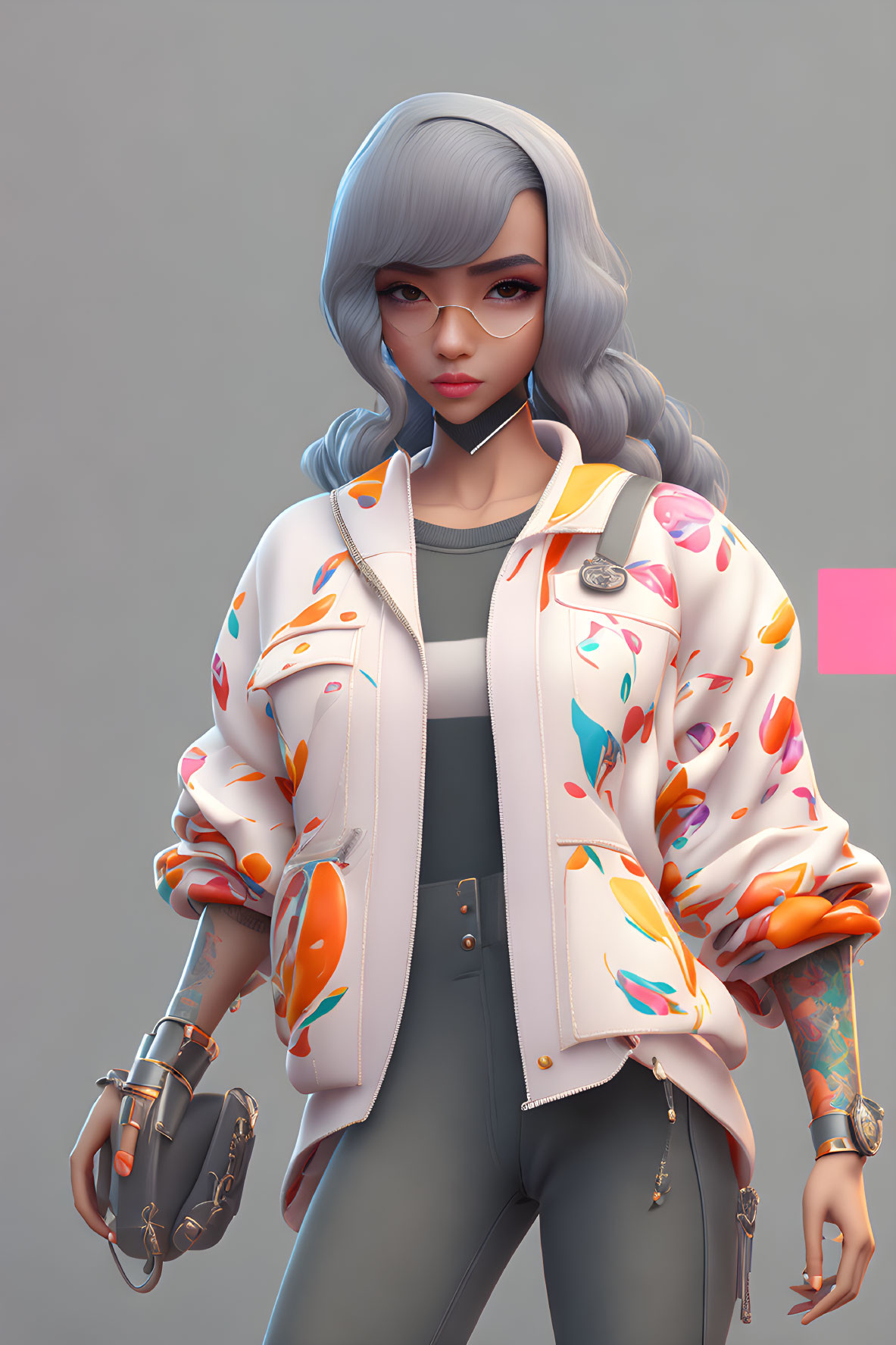 Stylized 3D illustration: Female character with silver hair, white jacket, colorful feathers,