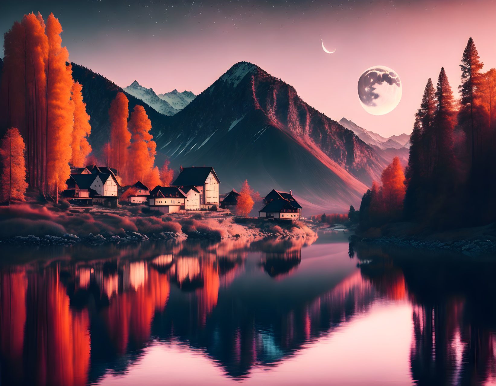 Tranquil village scene by reflective lake under twilight sky