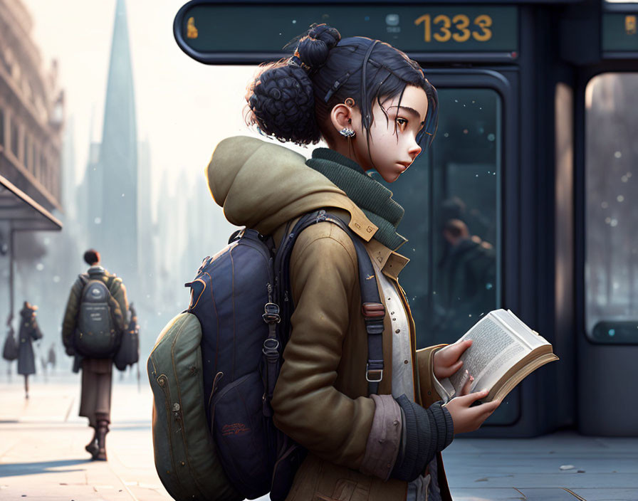 Young woman with backpack reading book at urban bus stop