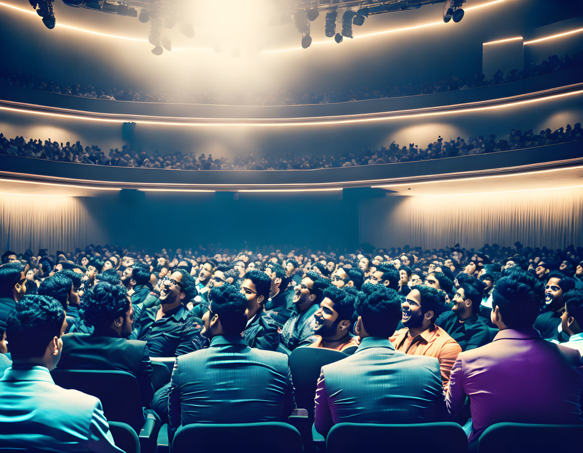 Diverse Audience in Darkened Theater with Stage Lights