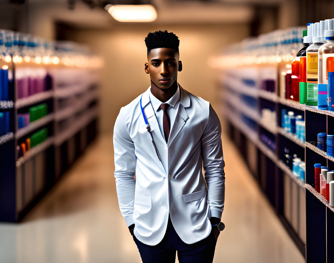 Young man in white shirt and tie in pharmacy aisle with shelves of products