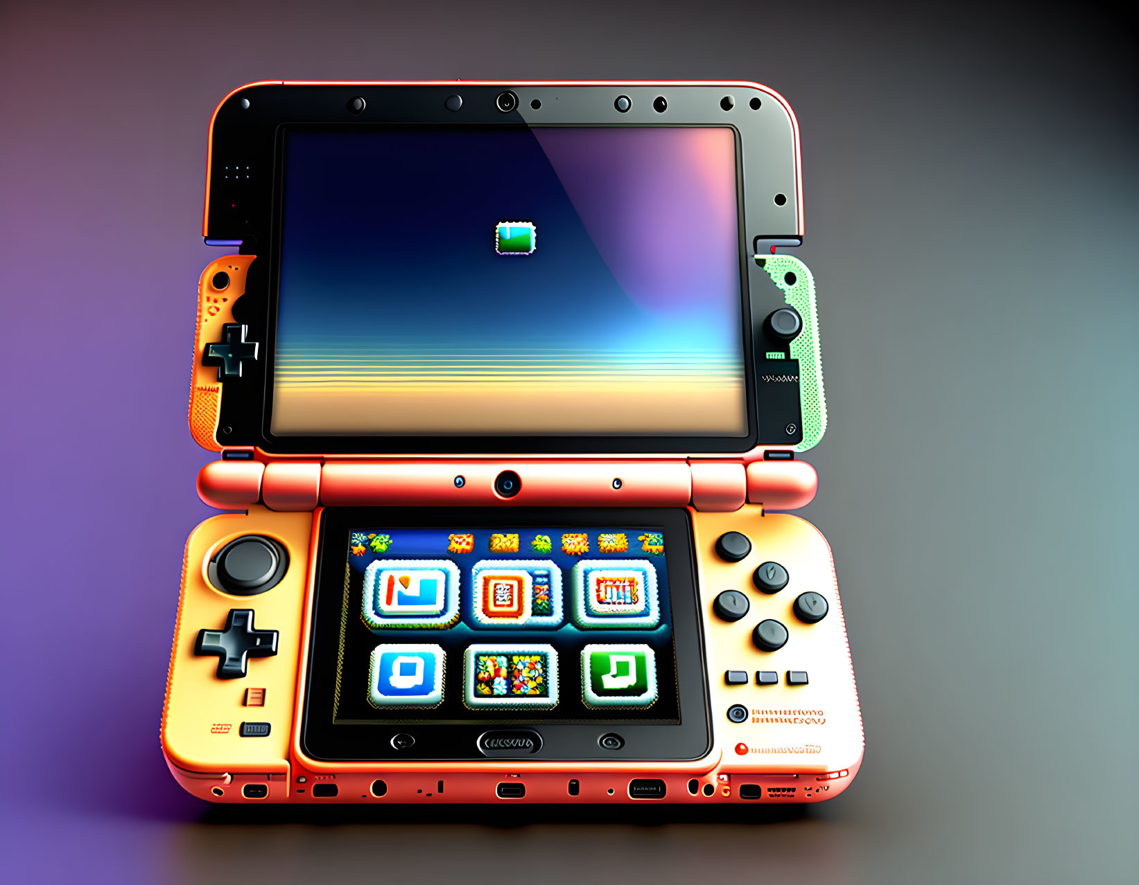 Vibrant digital illustration of dual-screen handheld gaming console