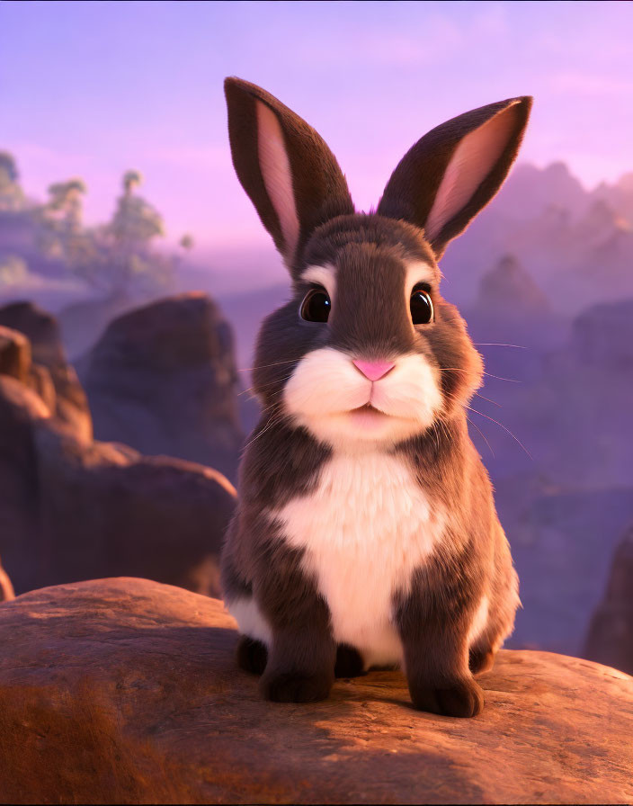 Brown and White Fur Animated Rabbit on Rock with Purple Landscape