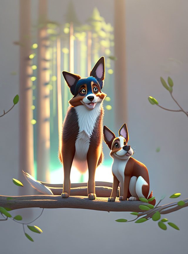 Cartoon corgis on a tree branch with bamboo forest background