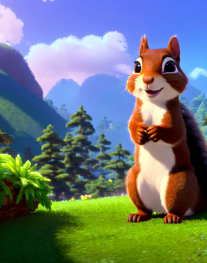 Brown and white animated chipmunk in vibrant green forest clearing