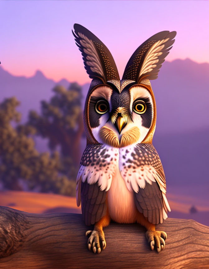 Stylized cartoon owl perched on branch at dusk with purple background