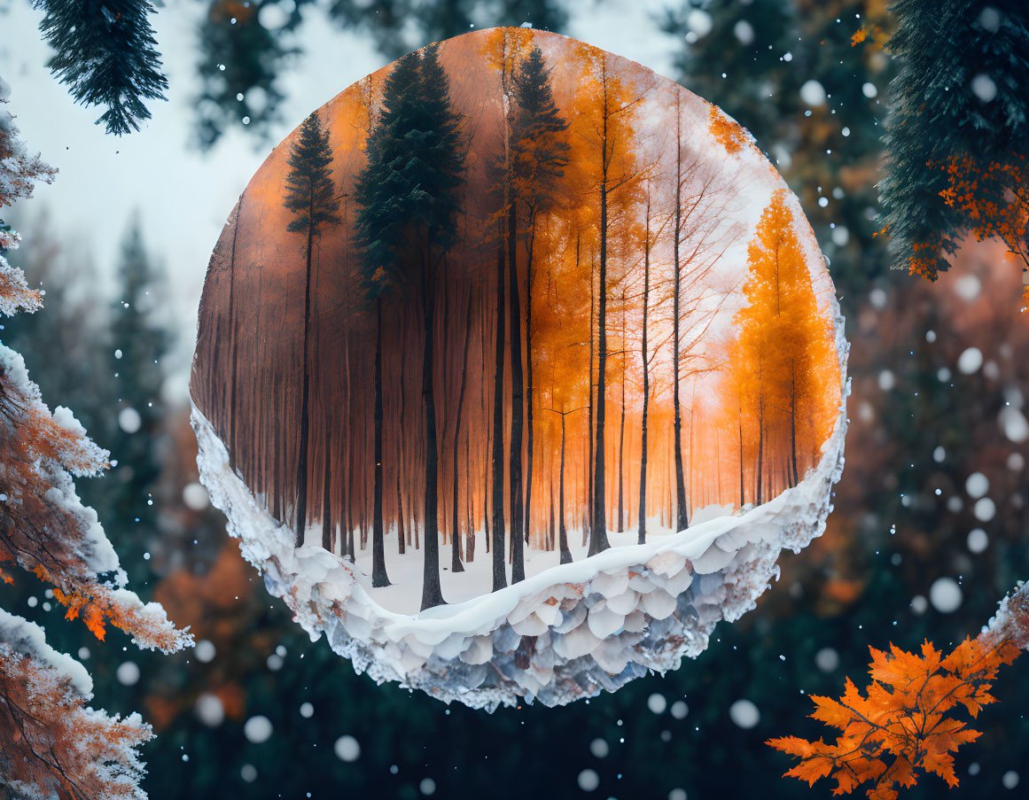 Circular frame with autumn forest superimposed on snowy landscape