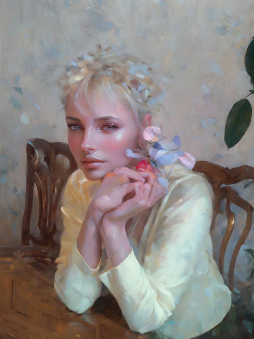 Blonde Woman Portrait with Flowers and Dreamy Gaze