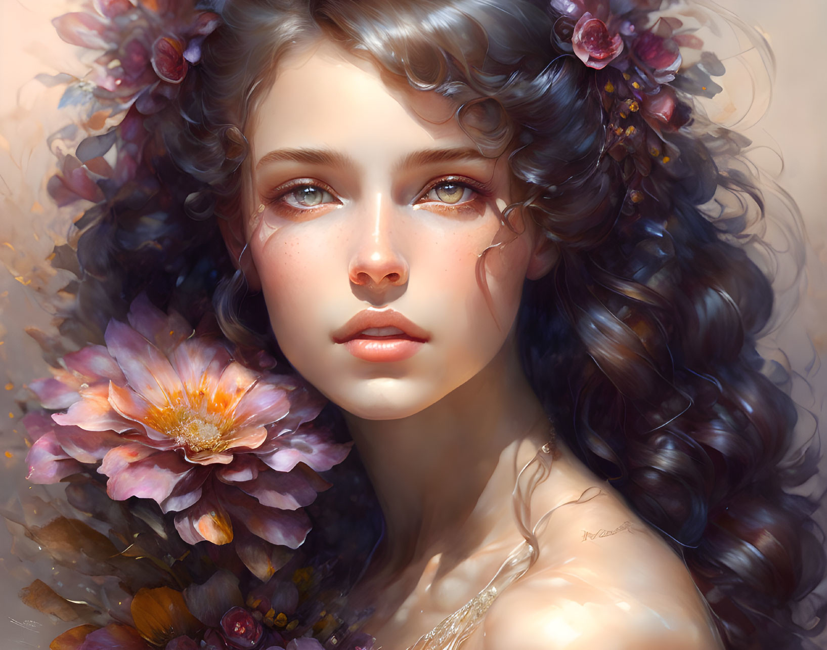 Portrait of young woman with dark curly hair and flowers in digital painting