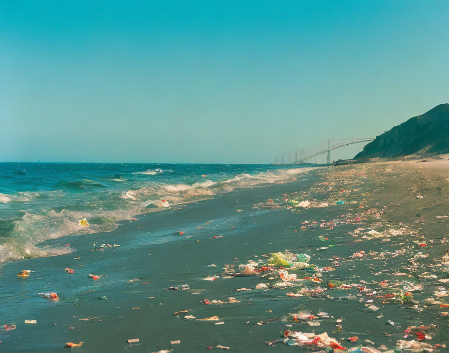 Polluted Beach Scene with Trash and Bridge in Hazy Background