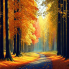 Vibrant autumn forest scene with golden-orange leaves and sunlight.