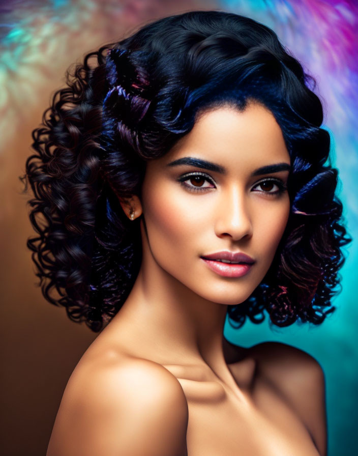 Curly-Haired Woman Portrait with Elegant Styling and Eye Makeup