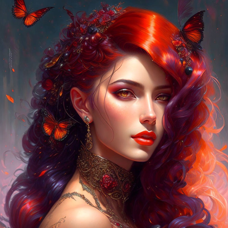 Vibrant Red Hair Woman with Butterflies and Floral Tattoo