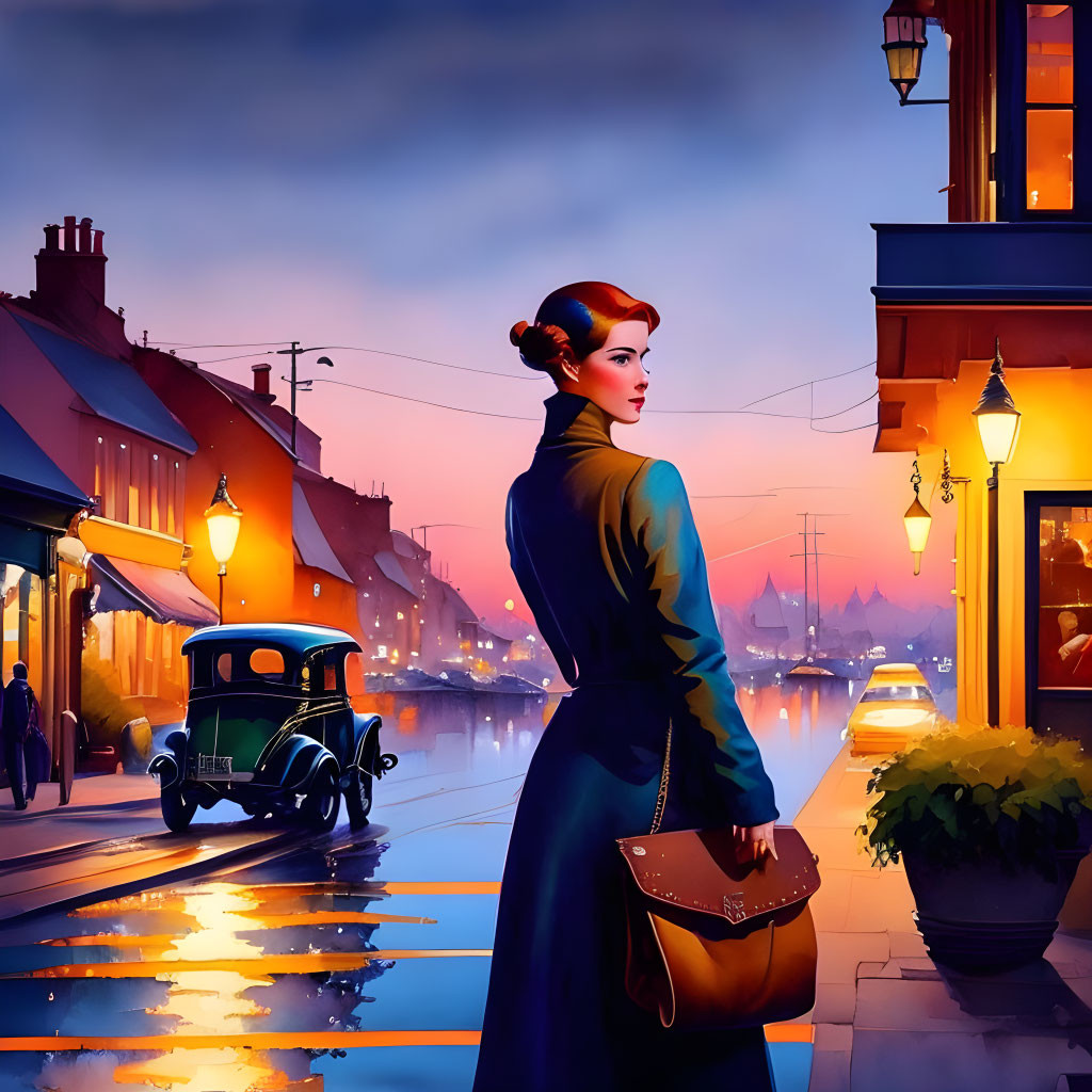 Vintage setting with elegantly dressed woman walking down dusk-lit street