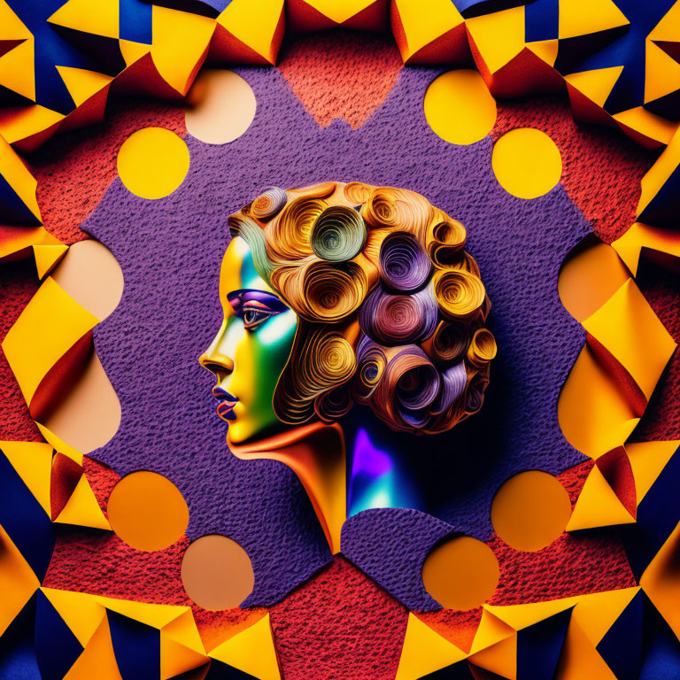 Colorful digital artwork of female profile with swirling hair and geometric shapes