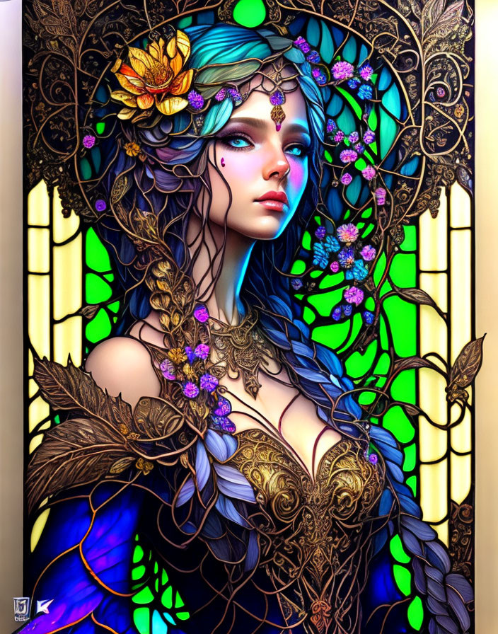 Colorful artwork: Blue-skinned woman with golden jewelry on nature-themed stained glass.