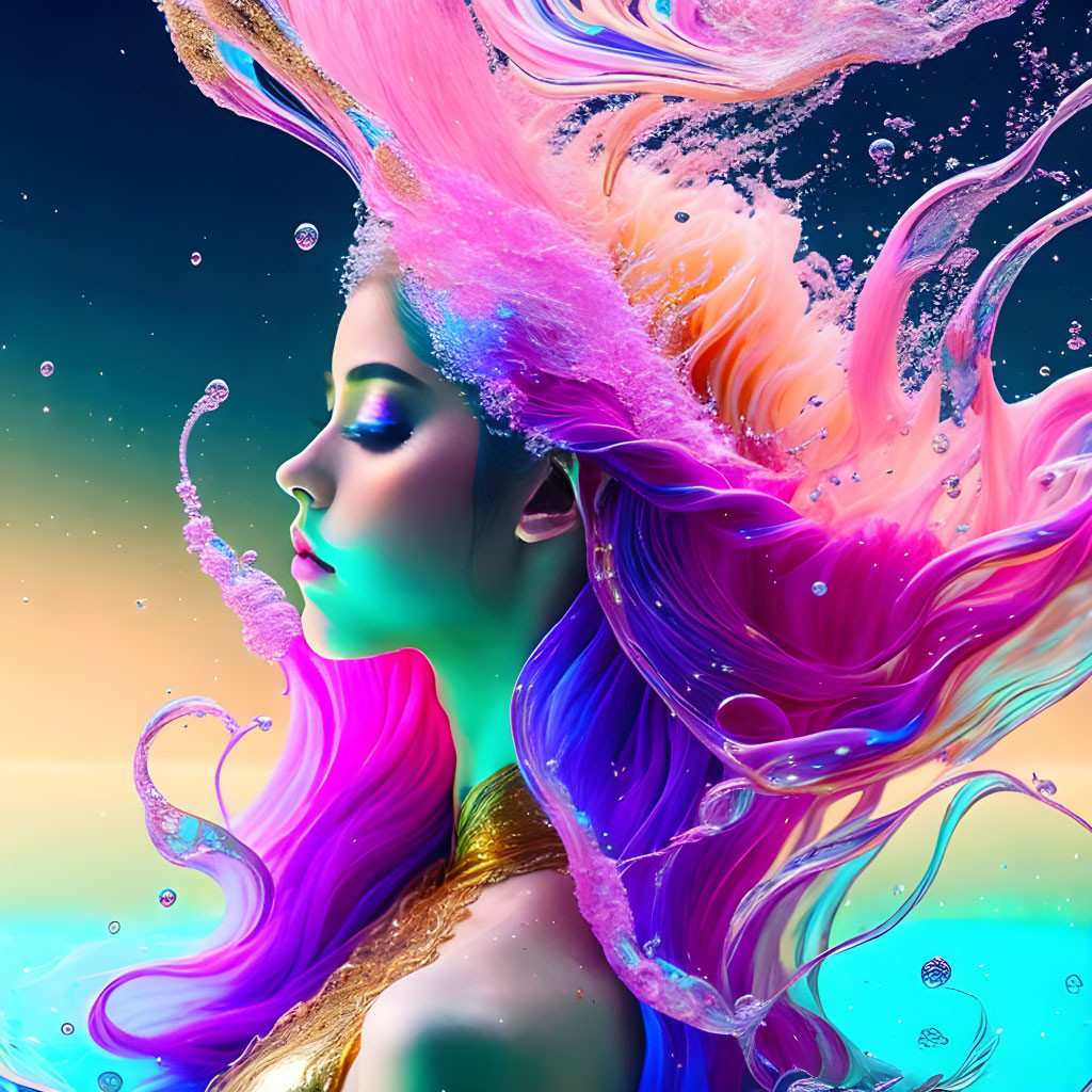 Colorful digital artwork: Woman with flowing water-like hair on gradient background